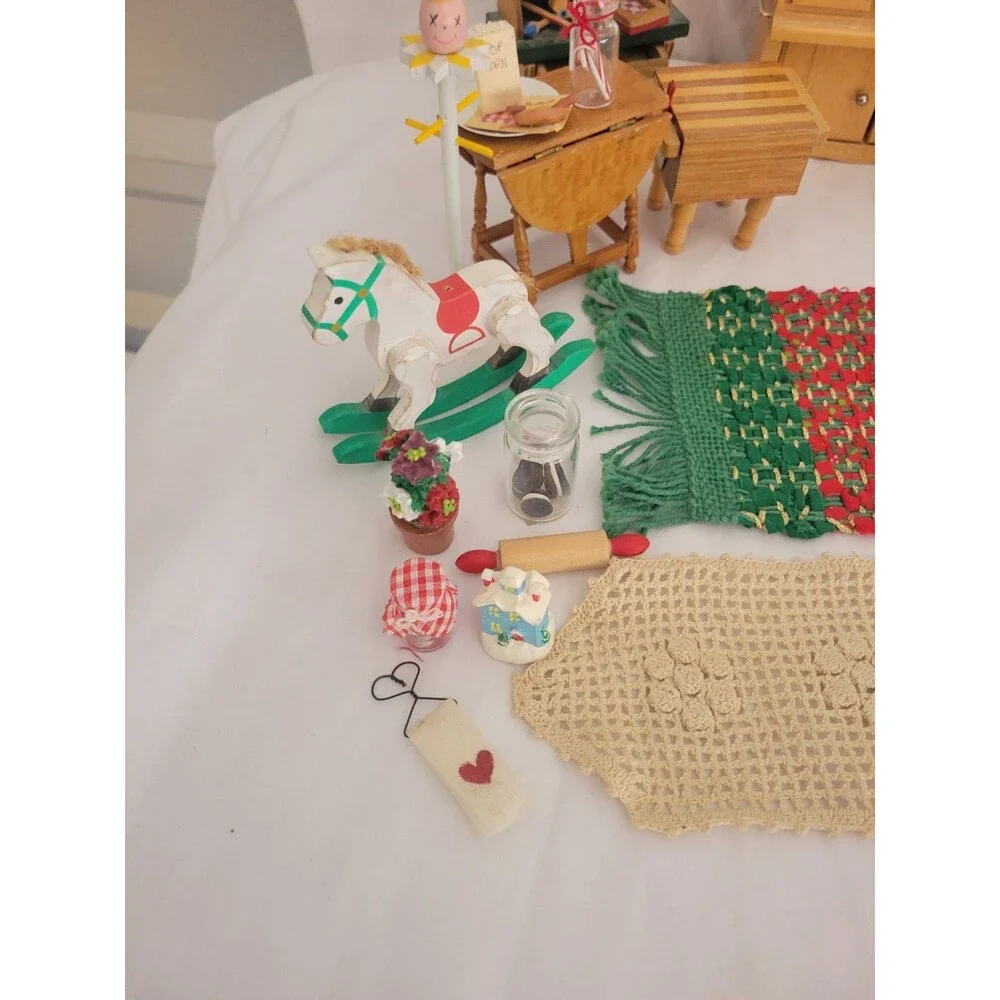 Vintage Dollhouse Miniature Furniture Lot Wooden Kitchen Bath Rugs Rocking Horse